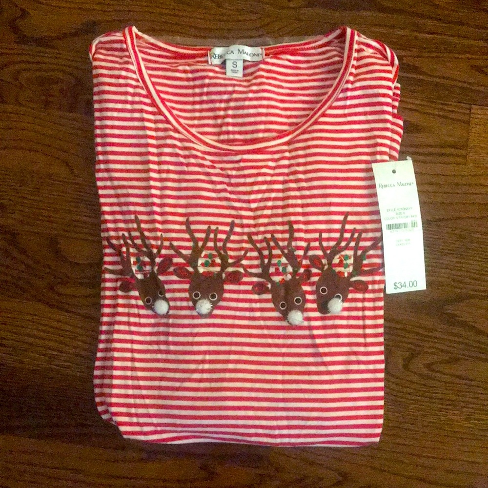 New Rebecca Malone Christmas Reindeer red/white stripe long sleeve shirt- size S